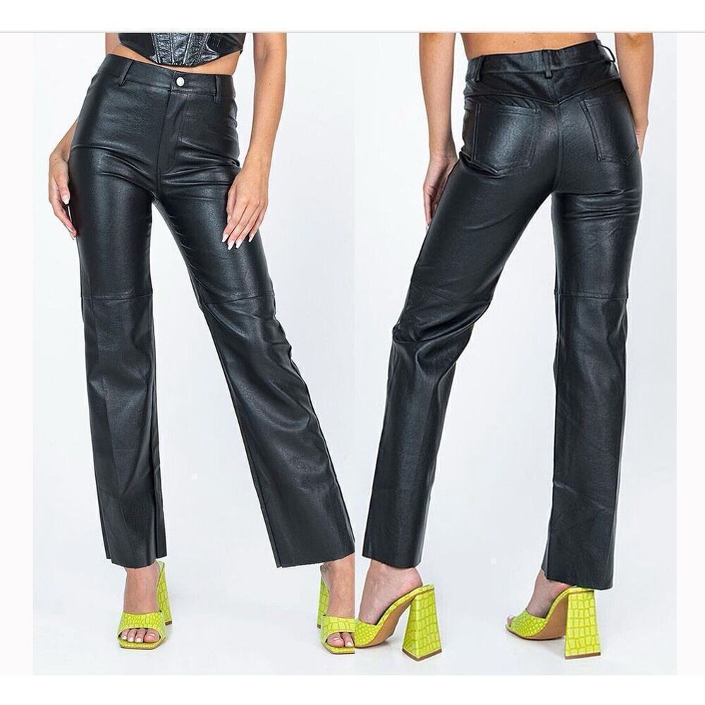 Princess Polly Macey High-Rise Straight Vegan Faux Leather Pants Womens 6 Black